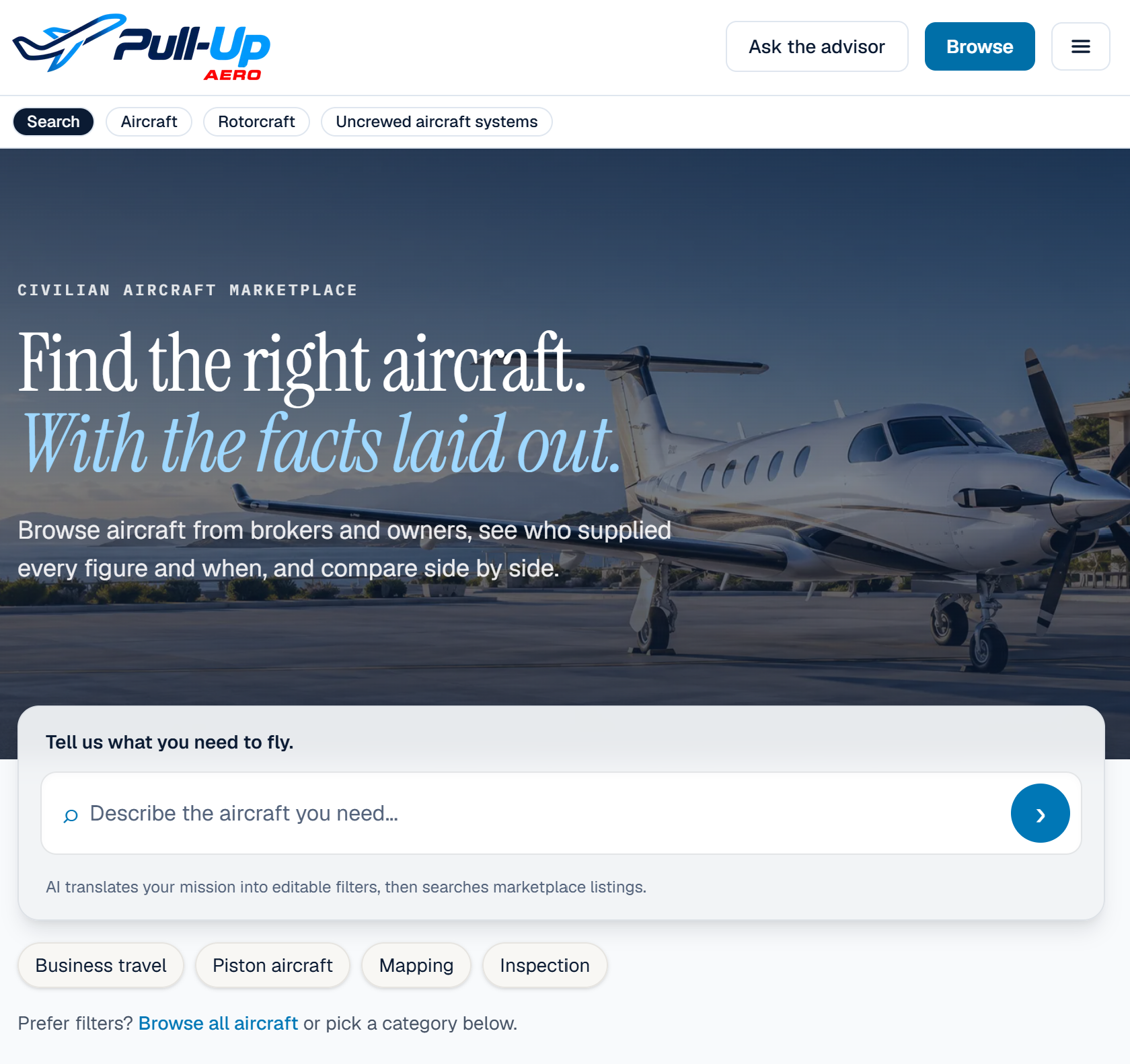 Pull-Up Aero homepage — Find the right aircraft, with the facts laid out