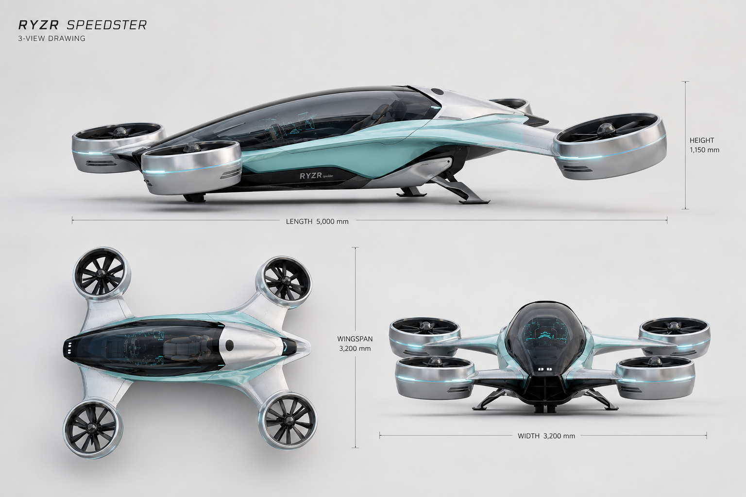 RYZR Speedster — three-view technical drawing with dimensions